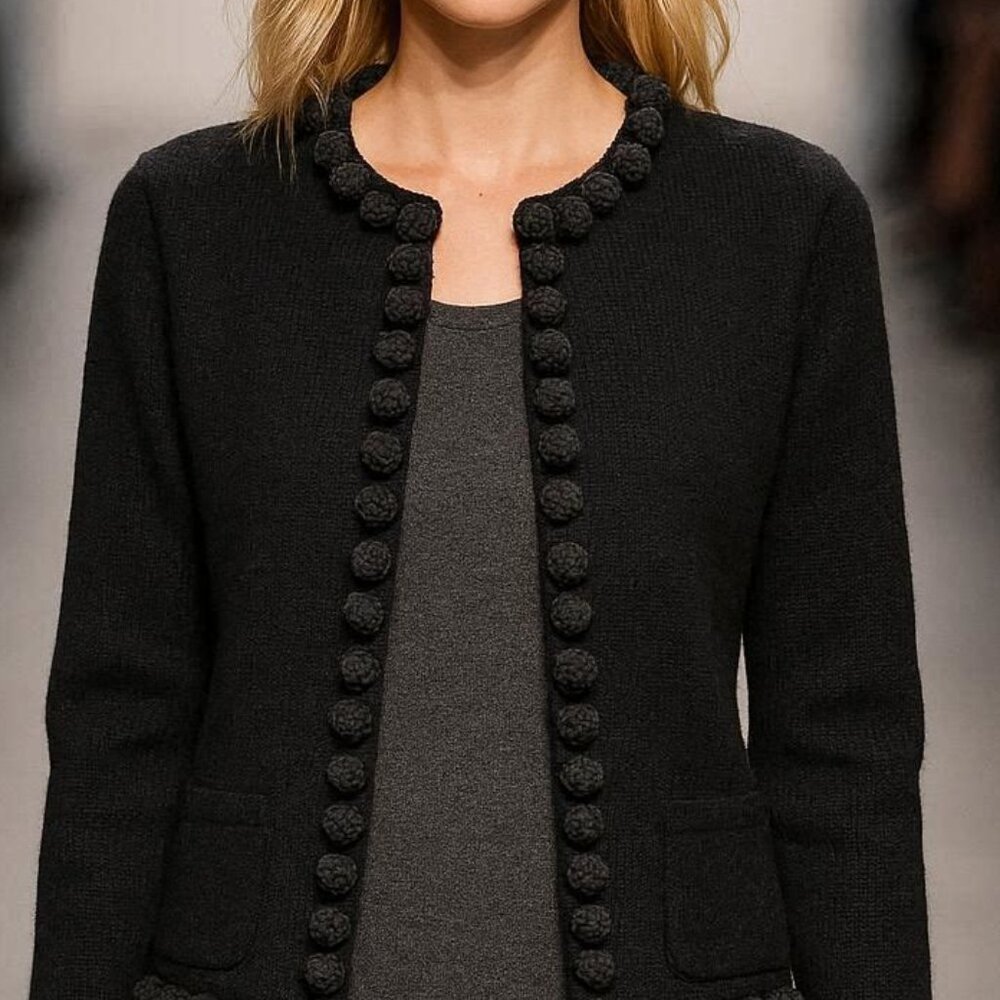 Talbots Black Cardigan Jacket Trimmed in Gray Pom Poms  - Small Petite